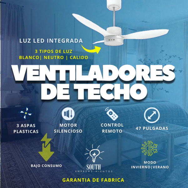 Ventilador de techo plástico con control remoto y 6 velocidades