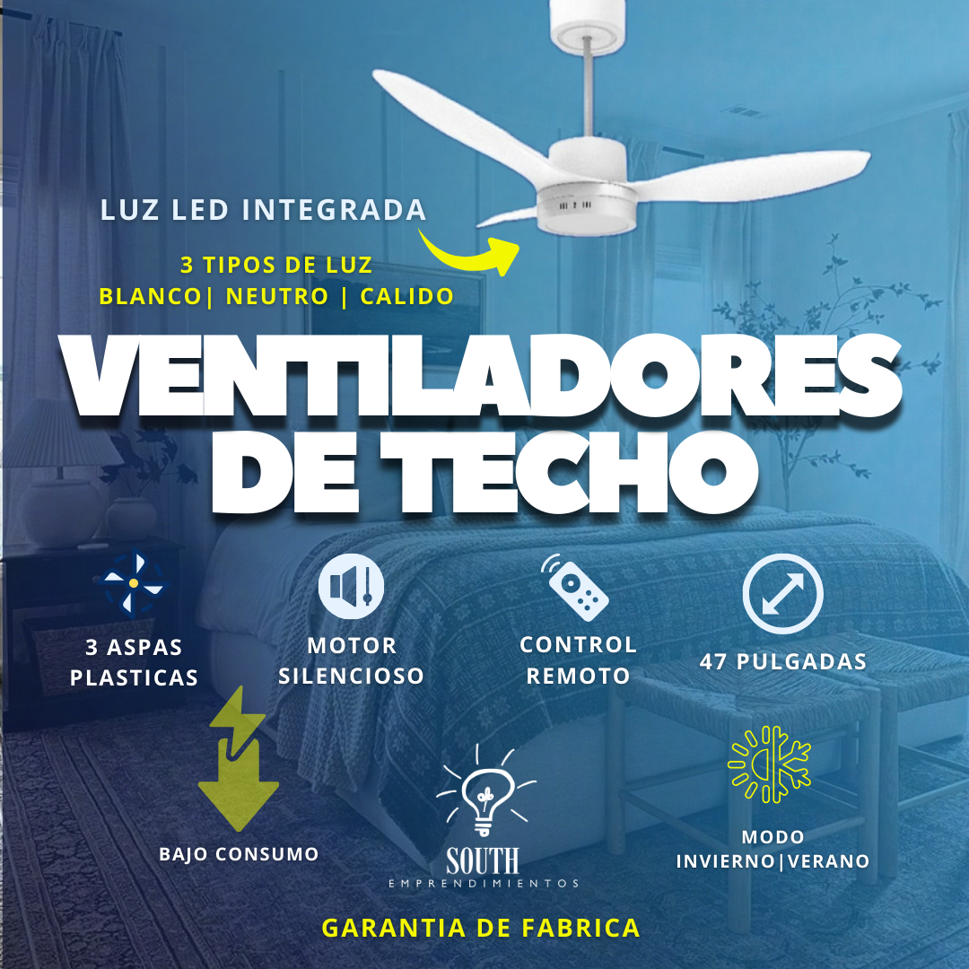Ventilador de techo plástico con control remoto y 6 velocidades